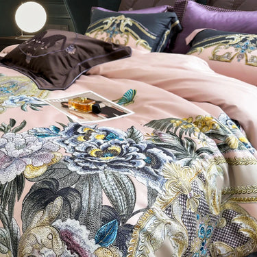Pink Baroque European Flower Embroidered 1400TC Egyptian Cotton Bedding Set